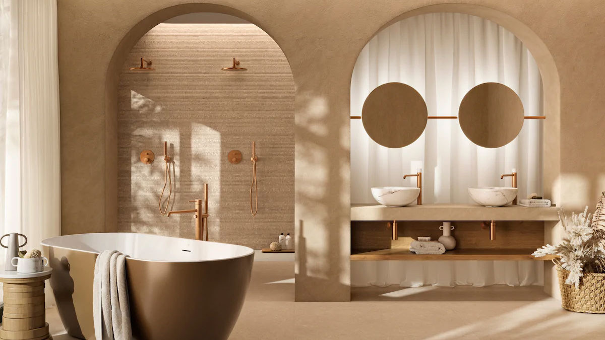 Une salle de bain aux teintes naturelles avec quelques éléments bruts